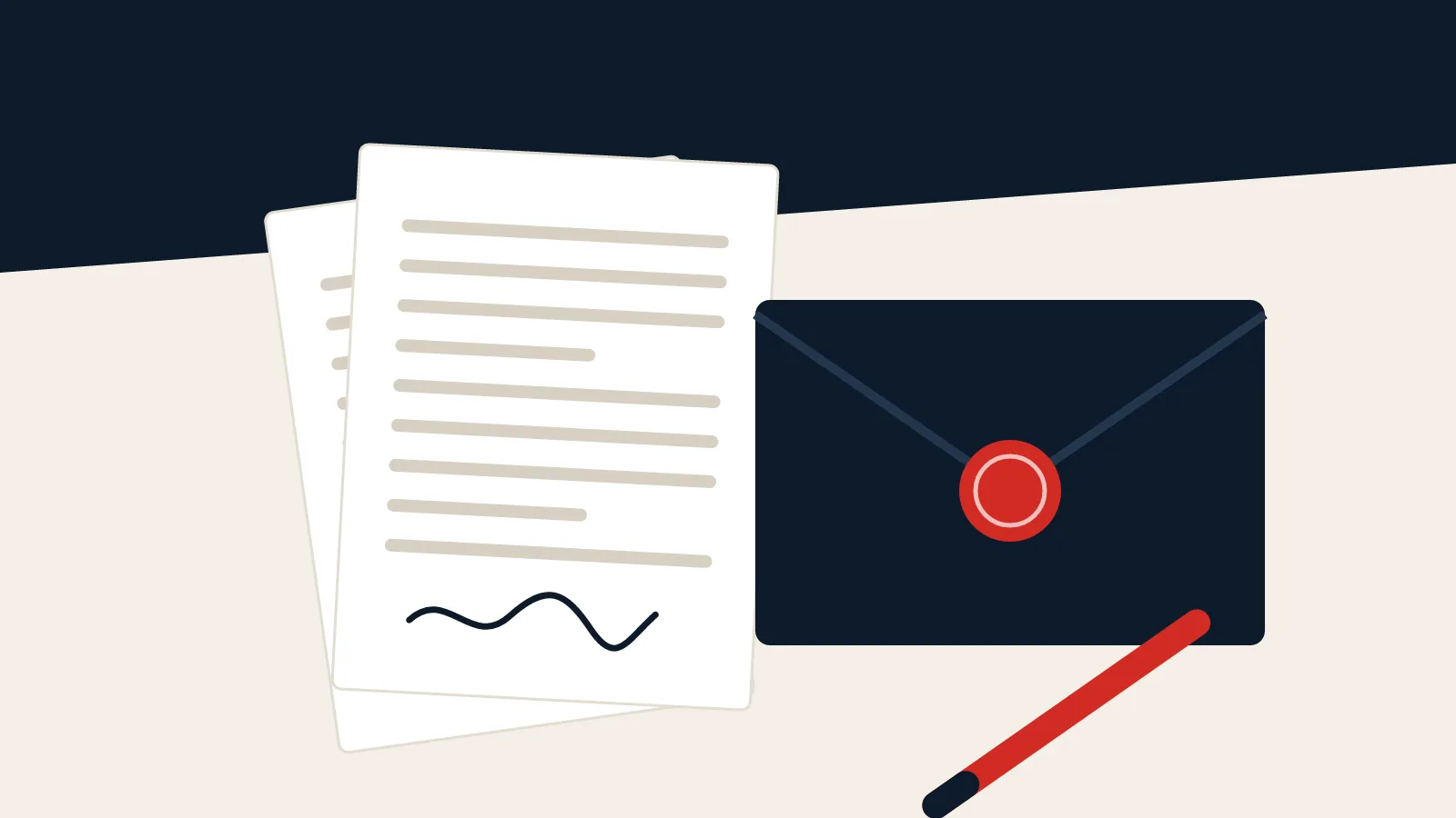 Illustration of signed papers next to a sealed navy envelope with a red seal and a red pen