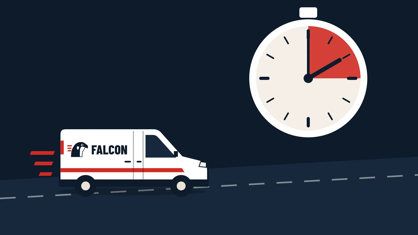 Illustration of a white Falcon courier van driving on a road beneath a large clock with a red-shaded segment